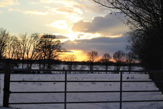 A beautyful sunset with cloudy sky behind a cattle gate