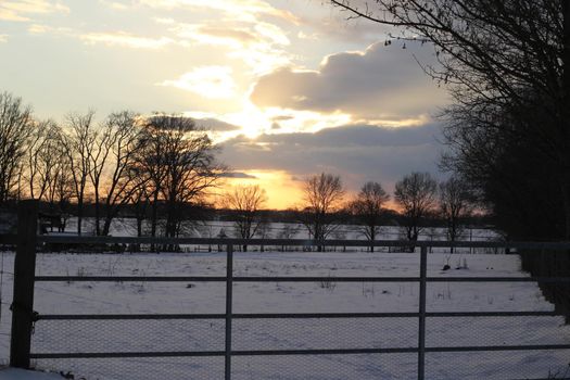 A beautyful sunset with cloudy sky behind a cattle gate