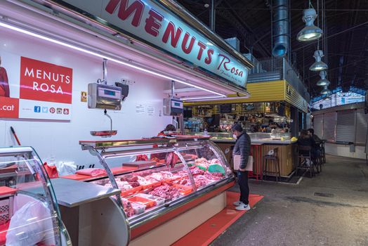 Barcelona, Spain: 2021 February 11: Shop in the Sant Josep La boqueria market in Winter 2021 in times of covid 19 in Barcelona