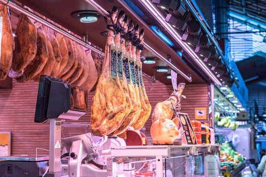Barcelona, Spain: 2021 February 11: Iberic ham in the Sant Josep La boqueria market in Winter 2021 in times of covid 19 in Barcelona