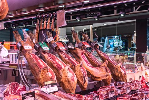Barcelona, Spain: 2021 February 11: Iberic ham in the Sant Josep La boqueria market in Winter 2021 in times of covid 19 in Barcelona