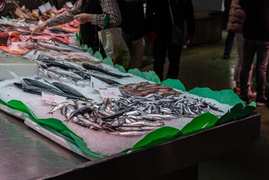 Barcelona, Spain: 2021 February 11: Fish in the Sant Josep La boqueria market in Winter 2021 in times of covid 19 in Barcelona