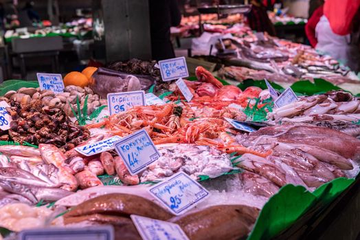 Barcelona, Spain: 2021 February 11: Fish in the Sant Josep La boqueria market in Winter 2021 in times of covid 19 in Barcelona