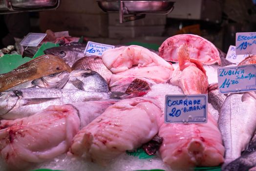 Barcelona, Spain: 2021 February 11: Fish in the Sant Josep La boqueria market in Winter 2021 in times of covid 19 in Barcelona