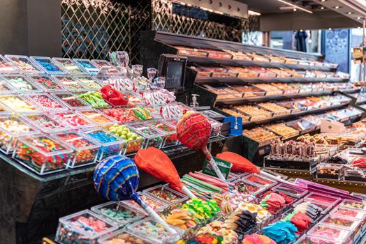 Barcelona, Spain: 2021 February 11: Sweets in the Sant Josep La boqueria market in Winter 2021 in times of covid 19 in Barcelona