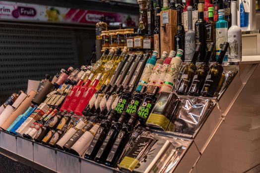 Barcelona, Spain: 2021 February 11: Olive oil in the Sant Josep La boqueria market in Winter 2021 in times of covid 19 in Barcelona