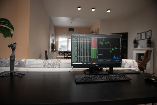 Computer screen with stock market changes, scrolling and analysing numbers at home work