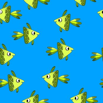 Seamless pattern with cute fish on blue background. Vector cartoon animals colorful illustration. Adorable character for cards, wallpaper, textile, fabric. Flat style.