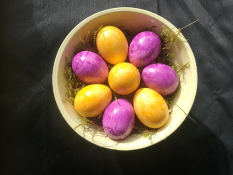 Easter decoration purple and yellow eggs