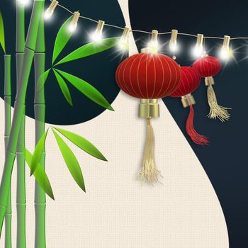 Red hanging lanterns, bamboo on blue yellow background. Traditional Asian decor for Lantern festival, mid autumn celebration, Chinese New Year. Place for text. 3D illustration