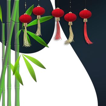 Lantern festival card. Hanging lanterns, bamboo on white blue abstract background. Place for text, mock. 3D illustration
