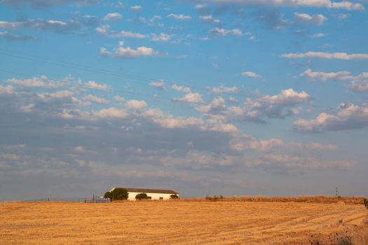 Agricultural farm in southern Andalusia with a cloud filled sky in spain