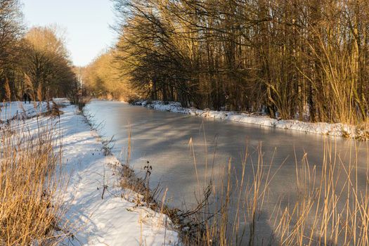 Winter with snow in the Waterloopbos, a forest where old scale models of waterworks can be found with a river and forest