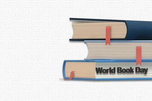 World book day with books on white background, text World Day Book. Isolated, 3D illustration