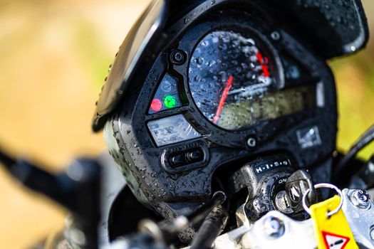 Detail of black motorcycle. Honda Hornet motorcycle detail photo in Bucharest, Romania, 2021