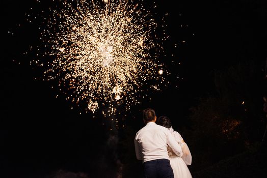 light night fire show on the background of the night sky with newlyweds