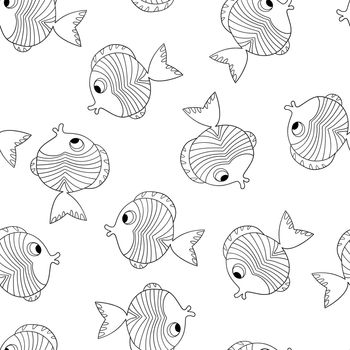 Seamless pattern with cute fish silhouette on white background. Vector cartoon animals illustration. Adorable character for cards, wallpaper, textile, fabric. Doodle style.