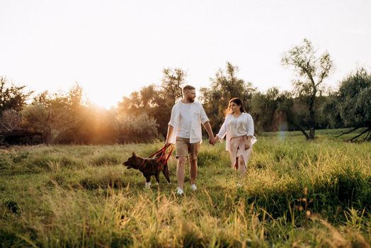 Big dog for a walk with a guy and a girl on the green prairie