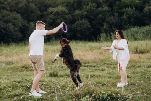 Big dog for a walk with a guy and a girl on the green prairie