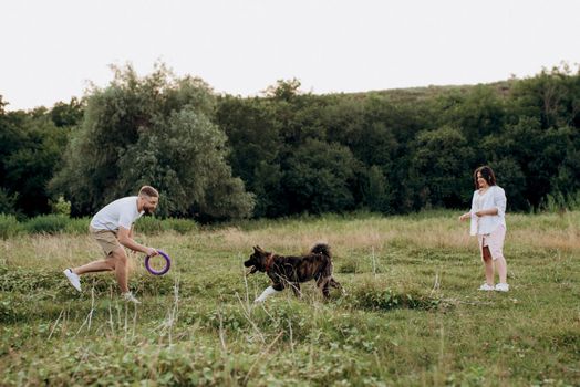 Big dog for a walk with a guy and a girl on the green prairie