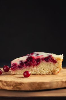 Homemade cake with cranberries and sour cream. Piece of pie close up. Vertical image.