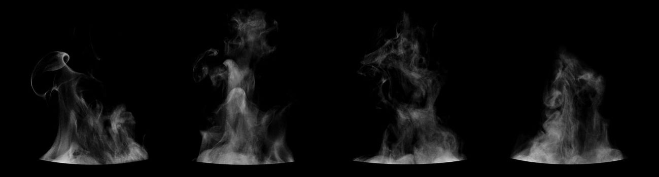 Set of steam from round dishes - pots, mugs or cups isolated on black background.