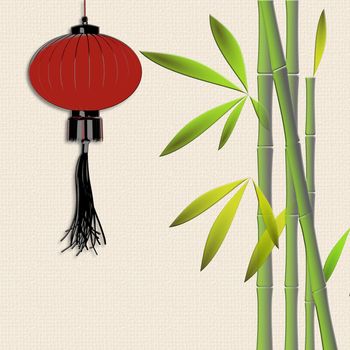 Red hanging lanterns, bamboo on pSTEL yellow background. Traditional Asian decor for Lantern festival, mid autumn celebration, Chinese New Year. Place for text. 3D illustration