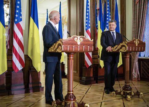 KIEV, UKRAINE - Dec 07, 2015: vice president of USA Joe Biden and President of Ukraine Petro Poroshenko during their press conference in Kiev