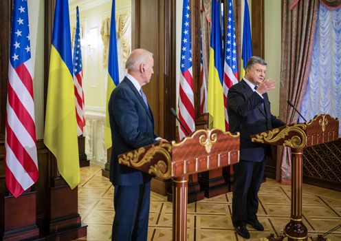 KIEV, UKRAINE - Dec 07, 2015: vice president of USA Joe Biden and President of Ukraine Petro Poroshenko during their press conference in Kiev