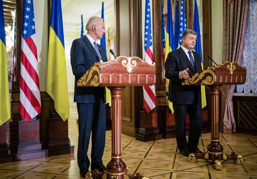 KIEV, UKRAINE - Dec 07, 2015: vice president of USA Joe Biden and President of Ukraine Petro Poroshenko during their press conference in Kiev