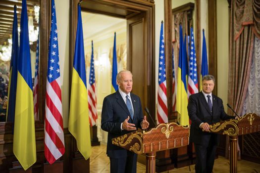 KIEV, UKRAINE - Dec 07, 2015: vice president of USA Joe Biden and President of Ukraine Petro Poroshenko during their press conference in Kiev