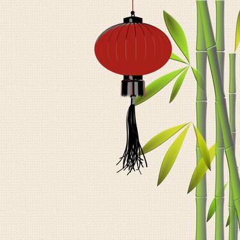 Red hanging lanterns, bamboo on yellow background. Traditional Asian decor for Lantern festival, mid autumn celebration, Chinese New Year. Place for text. 3D illustration