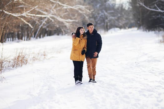 On a winter day, a young couple is walking in an embrace in the park and communicating.