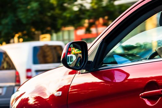 Car traffic at rush hour in downtown area of the city. Car pollution, traffic jam in the morning and evening in the capital city of Bucharest, Romania, 2021