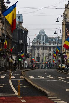 Car traffic at rush hour in downtown area of the city. Car pollution, traffic jam in the morning and evening in the capital city of Bucharest, Romania, 2021