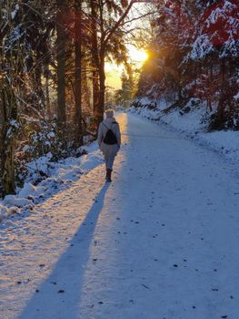 Woman hiking on snow in white winter forest berore the sunset. Recreation and healthy lifestyle outdoors in nature.