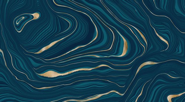 Agate Background in blue with golden vein. Agate stone texture with gold. Blue turquoise fluid marbling effect with golden glitter texture. Illustration