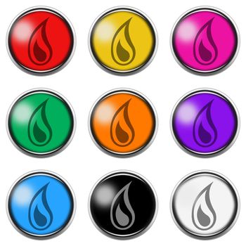 A Flame Fire sign button icon set isolated on white with clipping path 3d illustration