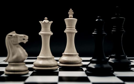 Black and White King and Knight of chess setup on Chessboard and dark background . Leader and teamwork concept for success.