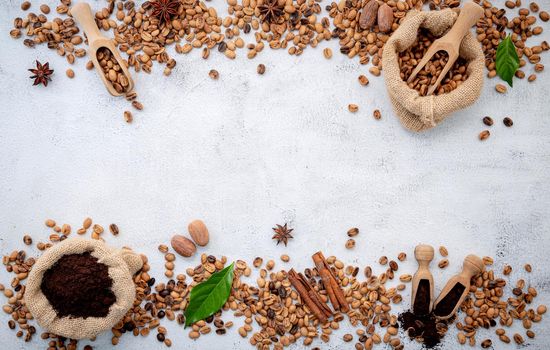 Roasted coffee beans with scoops setup on white concrete background.