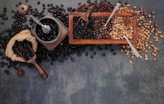 Various of roasted coffee beans in wooden box with manual coffee grinder setup on dark stone background.