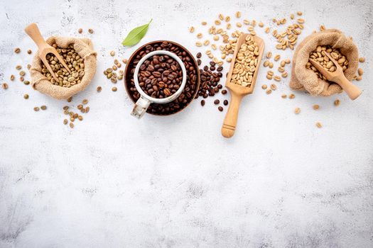 Green and brown decaf unroasted and dark roasted coffee beans in hemp sack bags with scoops setup on white concrete background.