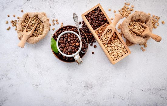 Green and brown decaf unroasted and dark roasted coffee beans in hemp sack bags with scoops setup on white concrete background.