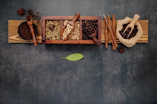 Green and brown unroasted and dark roasted coffee beans in wooden box with scoops setup on dark stone background.