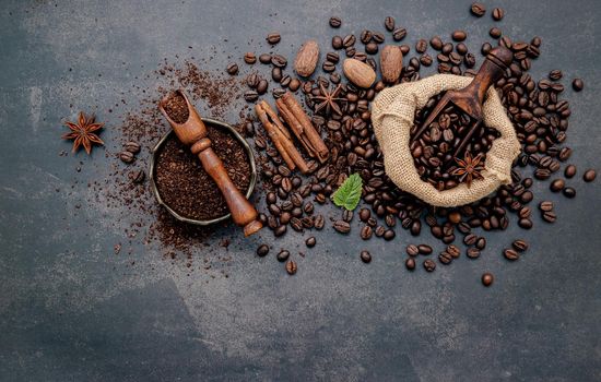 Roasted coffee beans with coffee powder and flavourful ingredients for make tasty coffee setup on dark stone background.