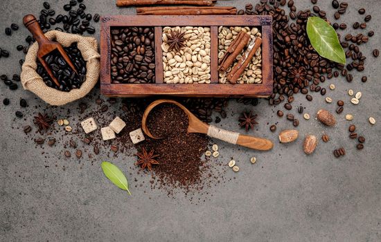 Green and brown unroasted and dark roasted coffee beans in wooden bowl with spoons set up on dark concrete background.