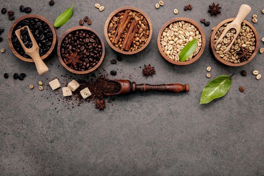 Green and brown unroasted and dark roasted coffee beans in wooden bowl with spoons set up on dark concrete background.