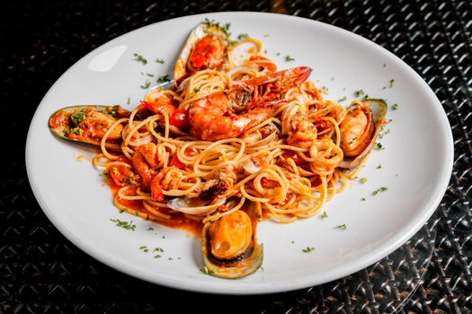 Italian cuisine spaghetti and seafood.