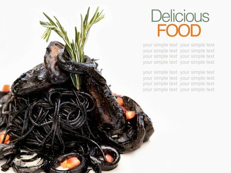 Italian cuisine squid ink spaghetti and seafood.