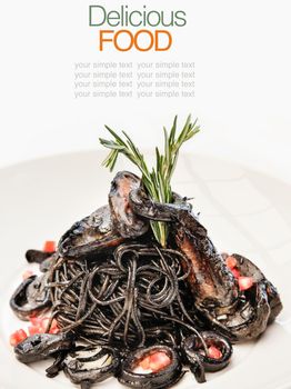 Italian cuisine squid ink spaghetti and seafood.